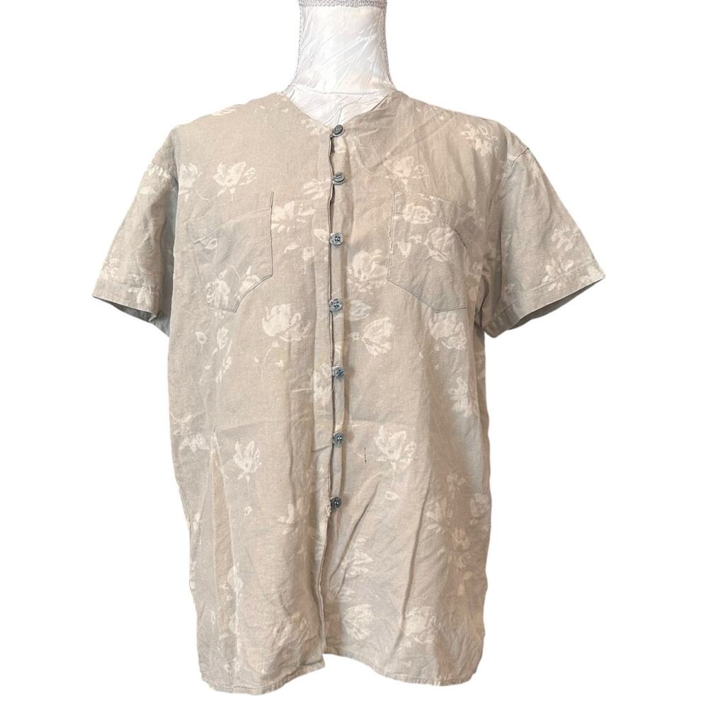 Vintage 90s Raw Silk Oat Floral Button Down Top Small